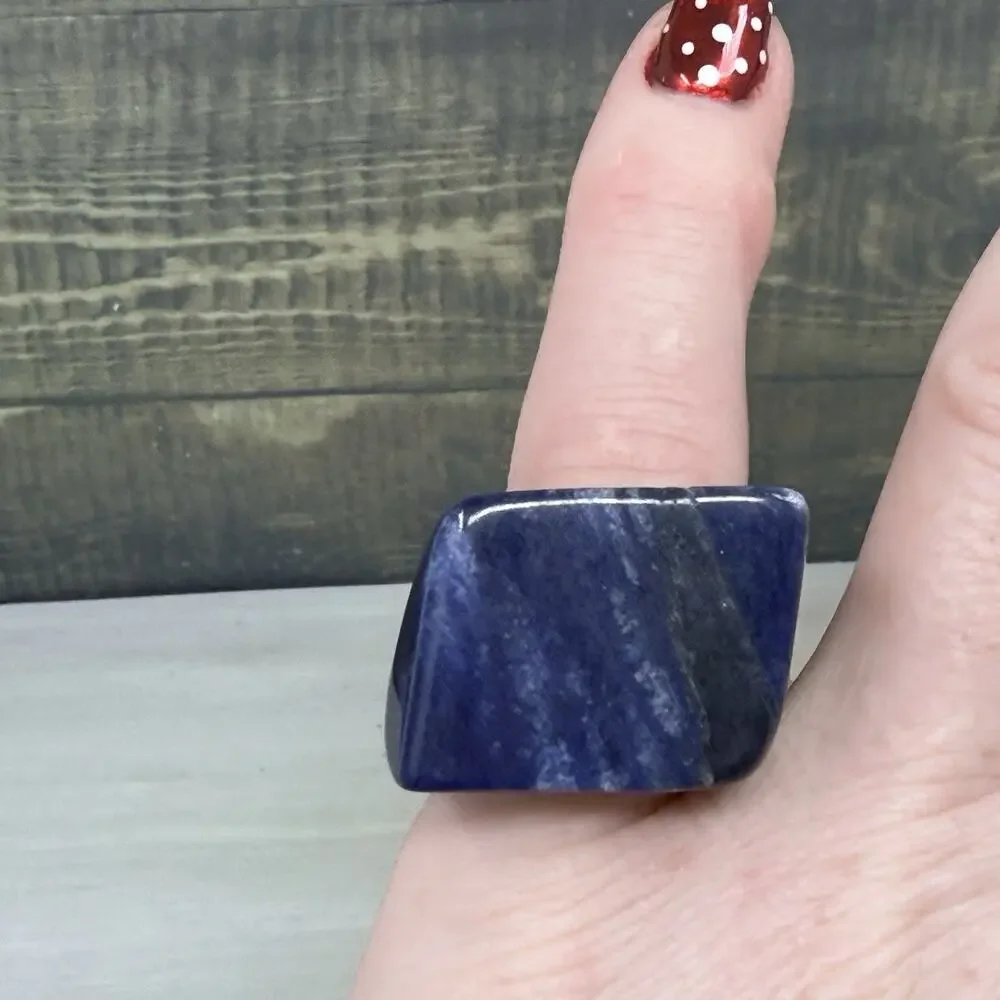 Chunky One Piece Blue Quartz Polished Stone Ring Size 6